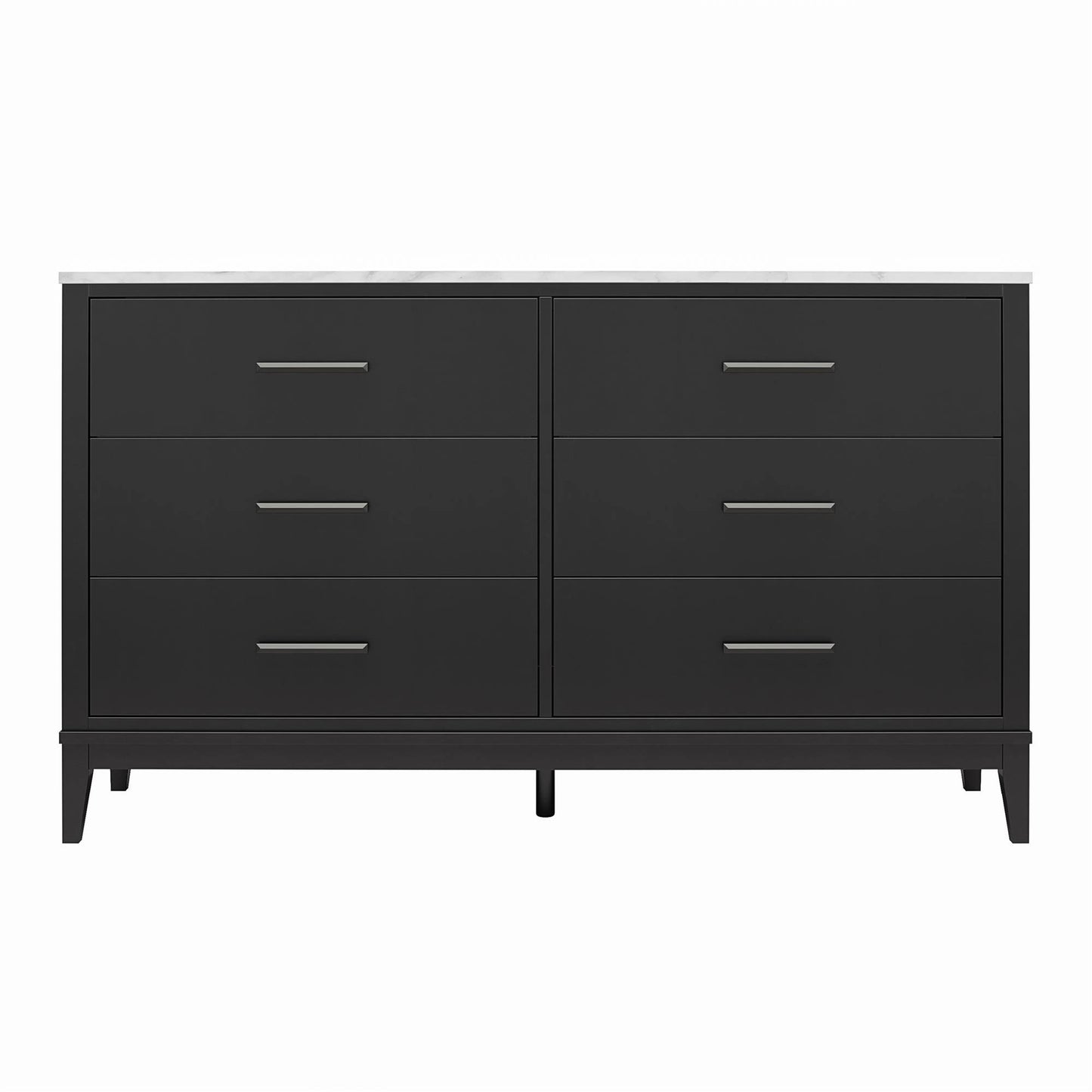 Ameriwood Home Lynnhaven Wide 6 Drawer Dresser In Black W/ White Marble Top