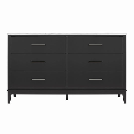 Ameriwood Home Lynnhaven Wide 6 Drawer Dresser In Black W/ White Marble Top