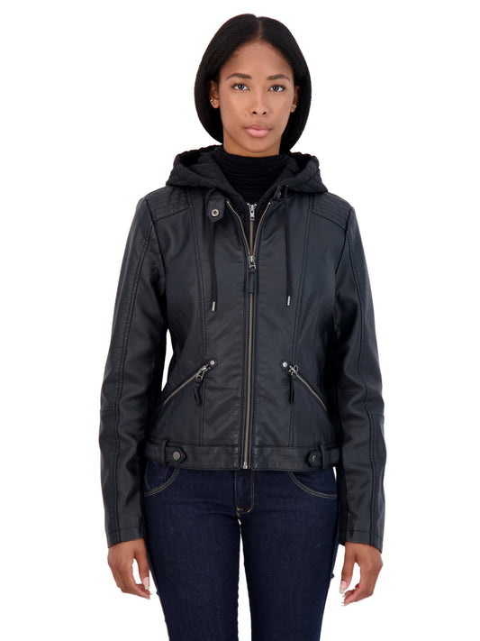 Women s Sebby Collection Hooded Faux-Leather Jacket, Size: Xl, Black