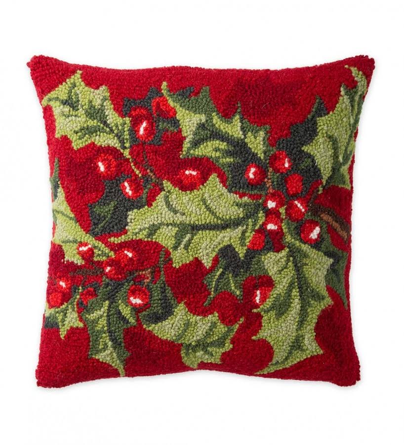 Wind & Weather Holly And Berries Hand-Hooked Wool Throw Pillow On Red Background