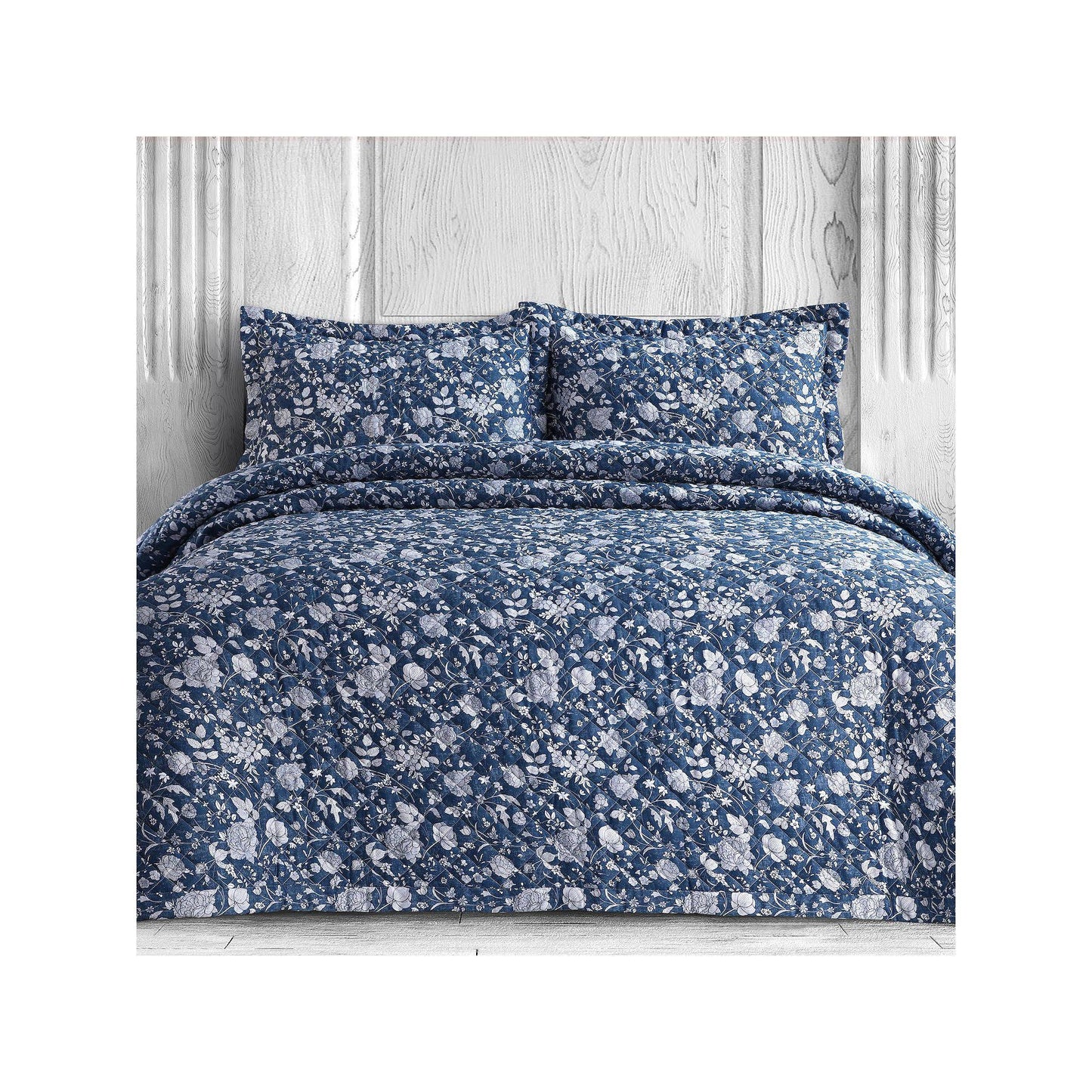 Azores Home Organic Cotton 300 Thread Count Printed Oversized Quilt Set Blue Queen