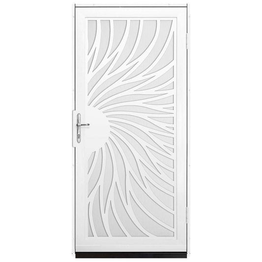 Unique Home Designs 36 In. X 80 In. Solstice White Surface Mount Steel Security Door With Black Perforated Screen And Bronze Hardware