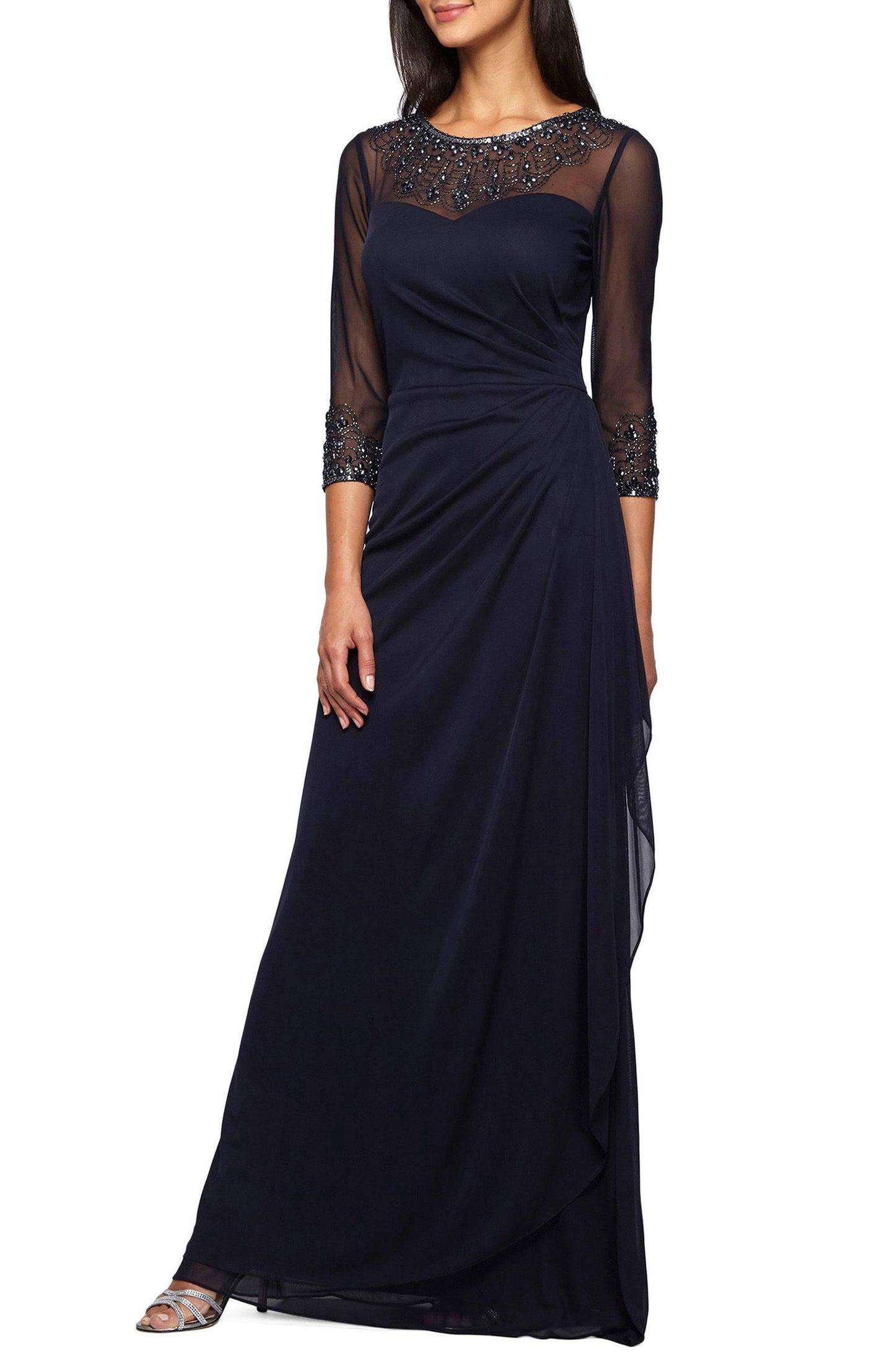 Alex Evenings Illusion Embellished A-Line Gown Dark Navy Size 16