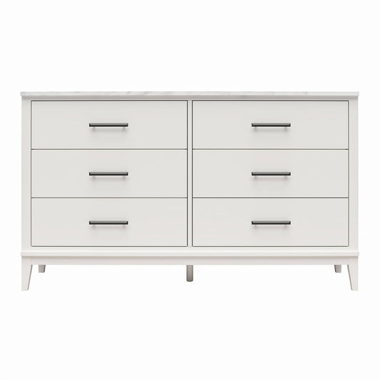 Ameriwood Home Lynnhaven Wide 6 Drawer Dresser In White W/ White Marble Top