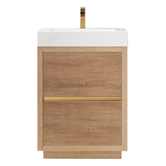 Vinnova Huesca 24 Single Sink Bathroom Vanity Natural Oak Wood White Top No Mirror