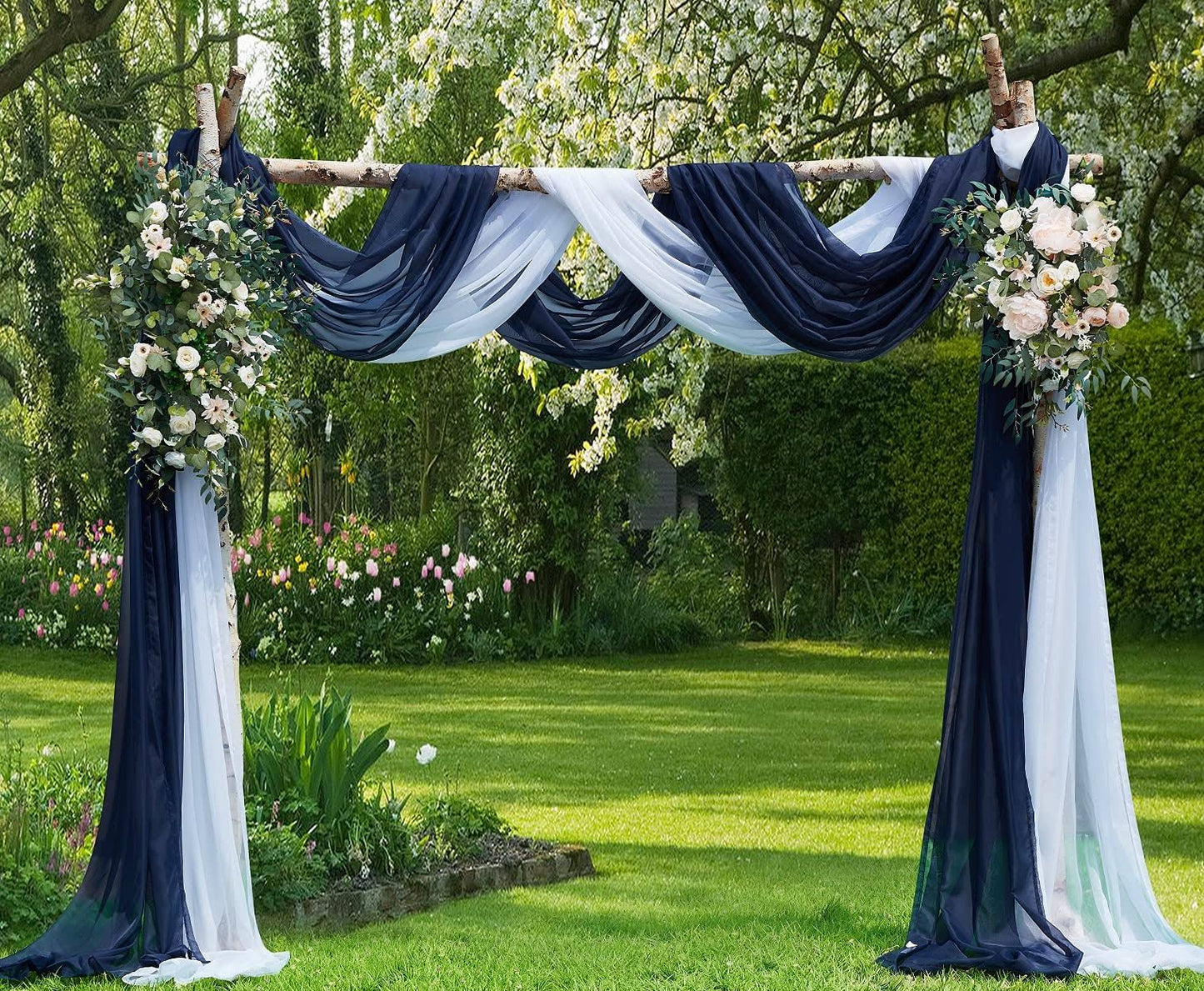 Warm Home Designs Wedding Arch Draping Fabric Bundle Has 2 216 Inch (18 Feet) Scarves In White & Navy Blue For Wedding Ceremony, Reception, Photo