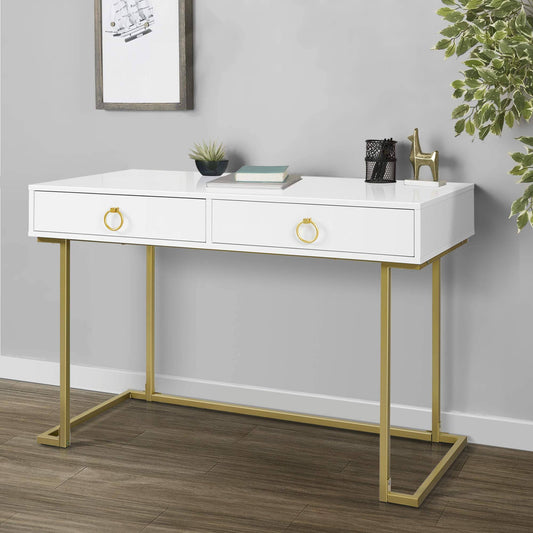 Belleze Home Office Two-Drawers Computer Desk Vanity Table, Wood And Metal, White And Gold