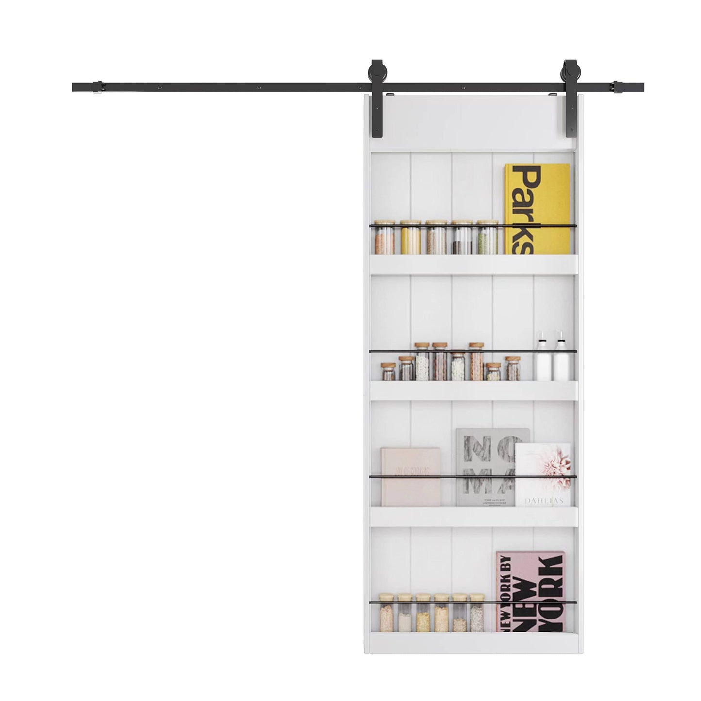 Barner Home 36in X 84in Sliding Barn Door, Shelf Style, Made Of Primed Mdf, Sliding Door With 6.6 Ft Hardware Kit