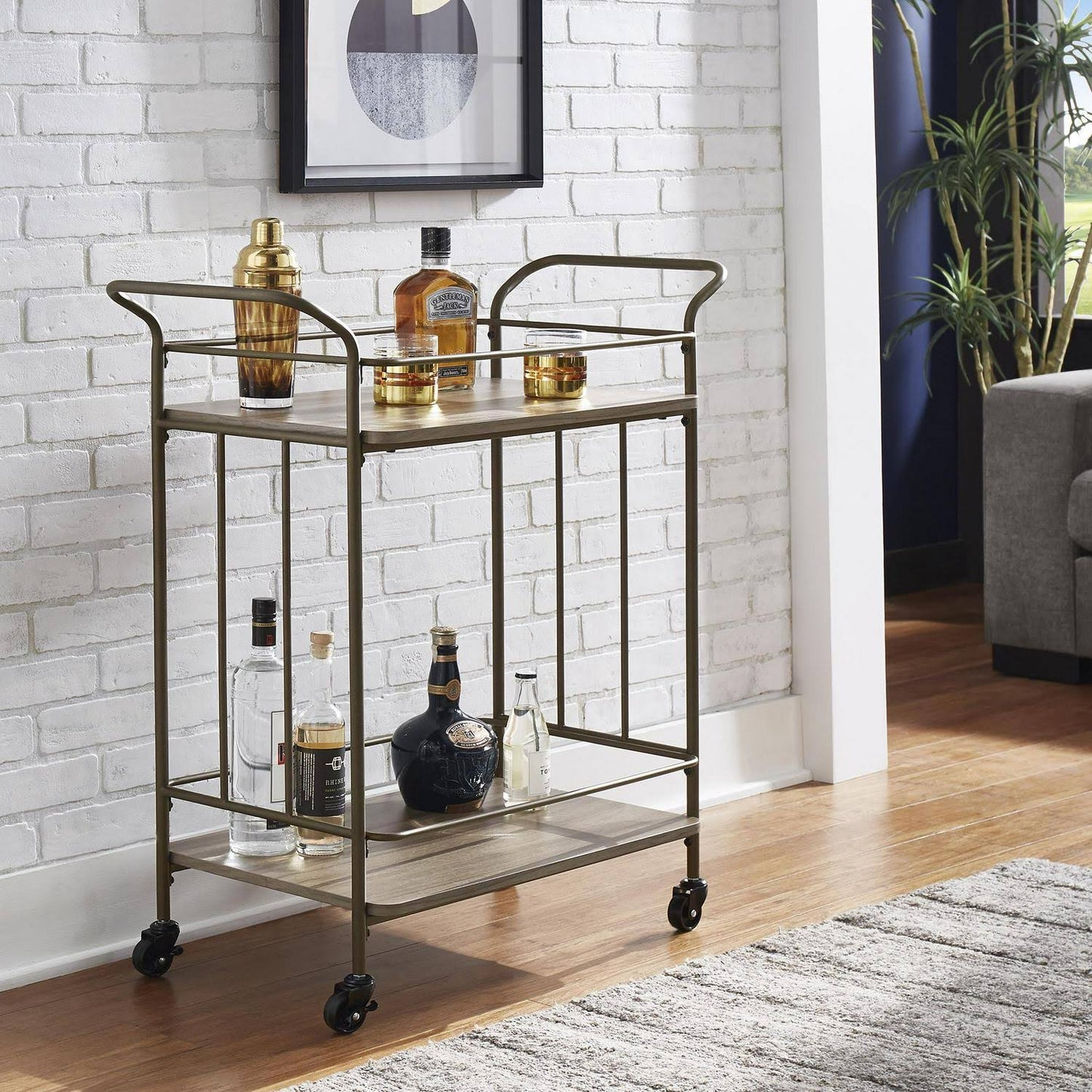 Weston Home Santos Bronze Finish And Wood Straight Lines Bar Cart