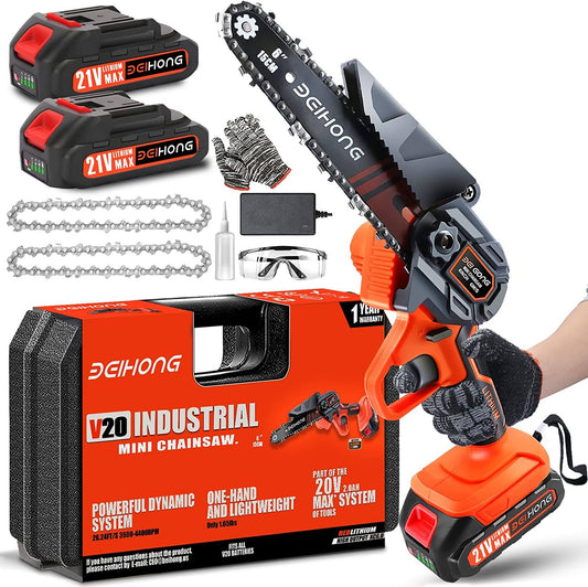 Bei & Hong Mini Chainsaw Cordless 6-Inch With 2 Battery, Mini Power Chain Saw With Security Lock, Handheld Small Chainsaw