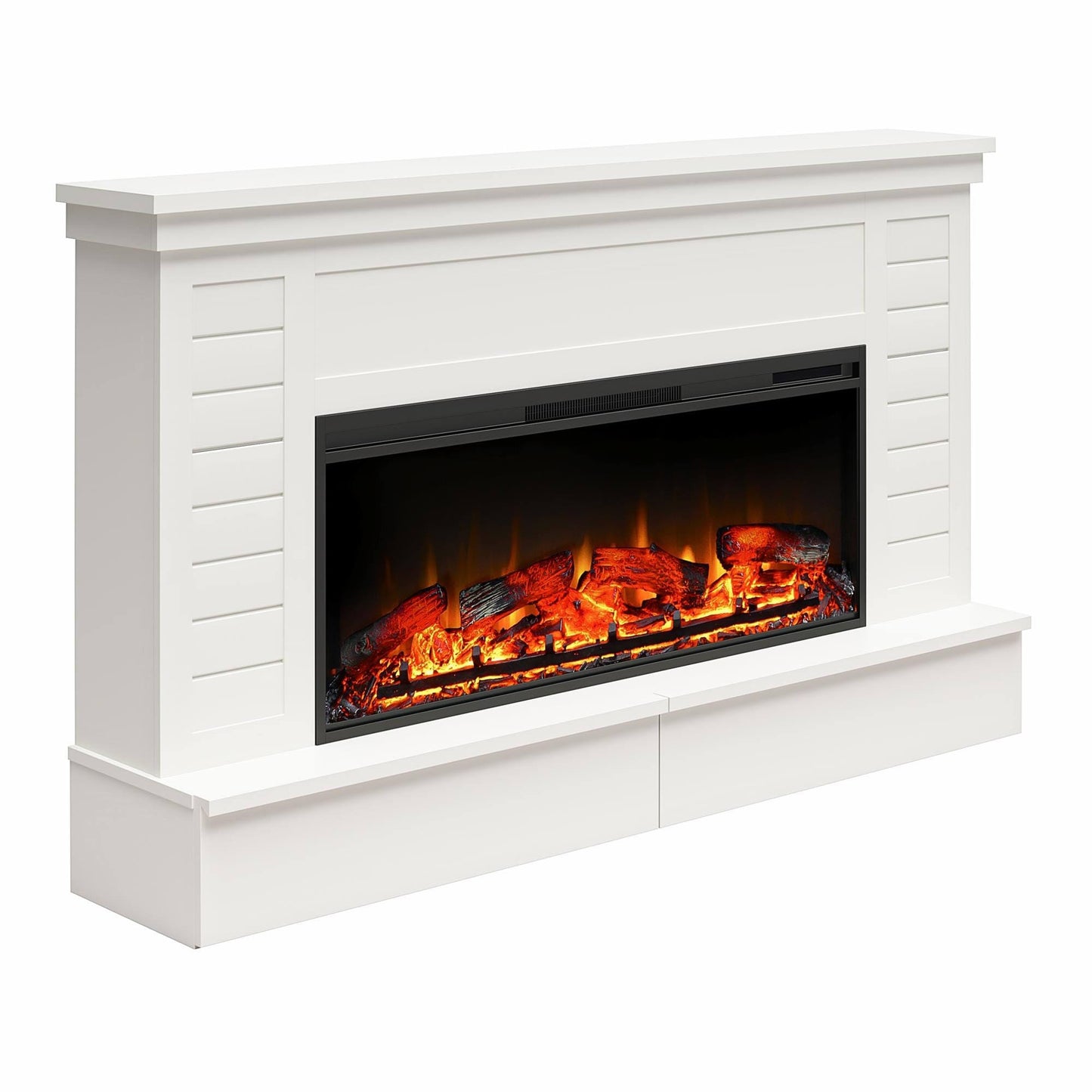 Ameriwood Home Herrick Wide Shiplap Mantel With Linear Electric Fireplace And Storage Drawers - White