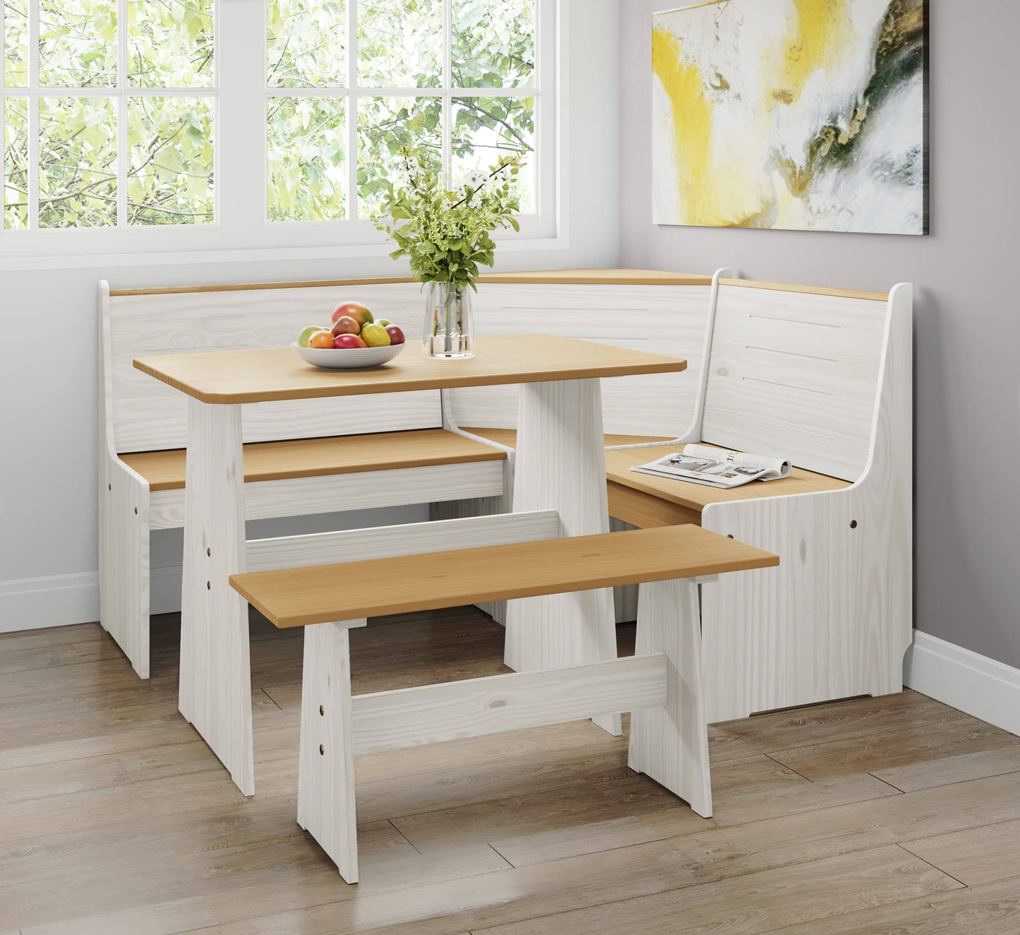 Urban Home Furniture Chapman 2 Tone Natural/White Solid Wood Corner Dining Set, Reversible Breakfast Nook