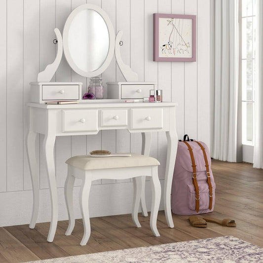 Beachcrest Home Zeke Wood Makeup Vanity Set With Mirror Color: White