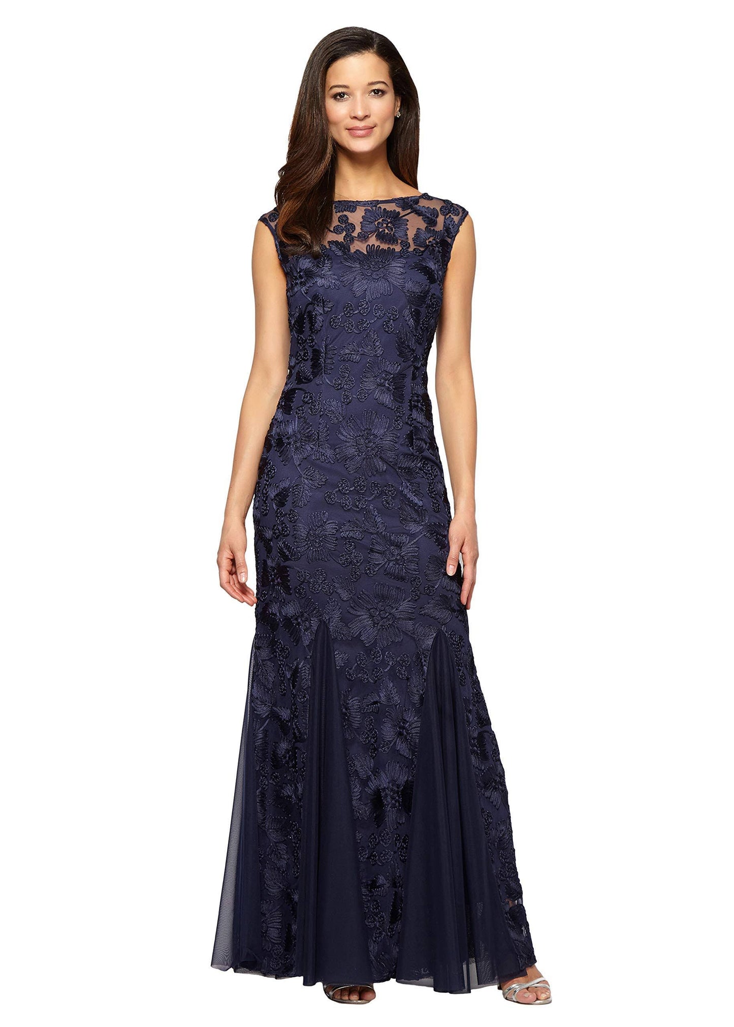 Alex Evenings Illusion Cap Sleeve Embroidered Lace Godet Gown - 10